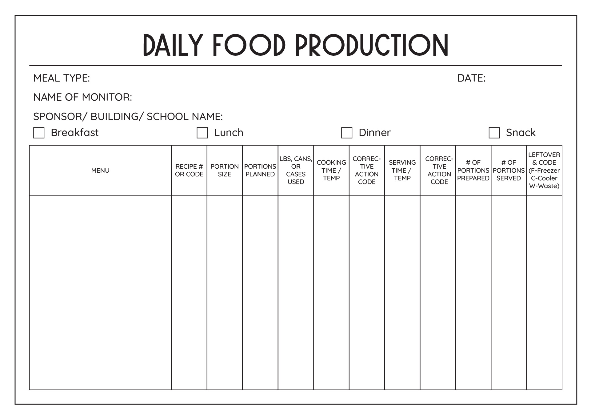 Daily Food Production Sheet