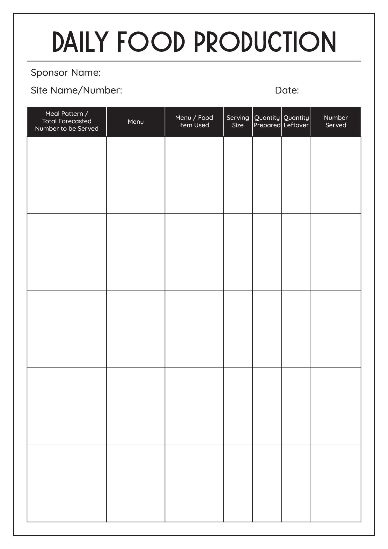 Daily Food Production Worksheet