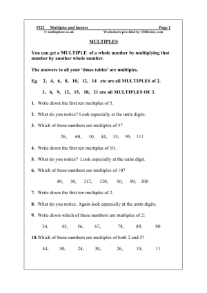 Factors and Multiples Worksheets Image
