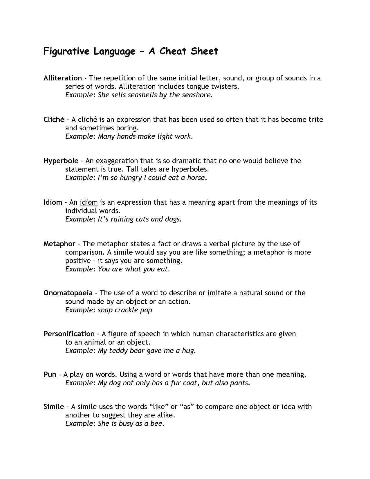 Figurative Language Examples Worksheet Image