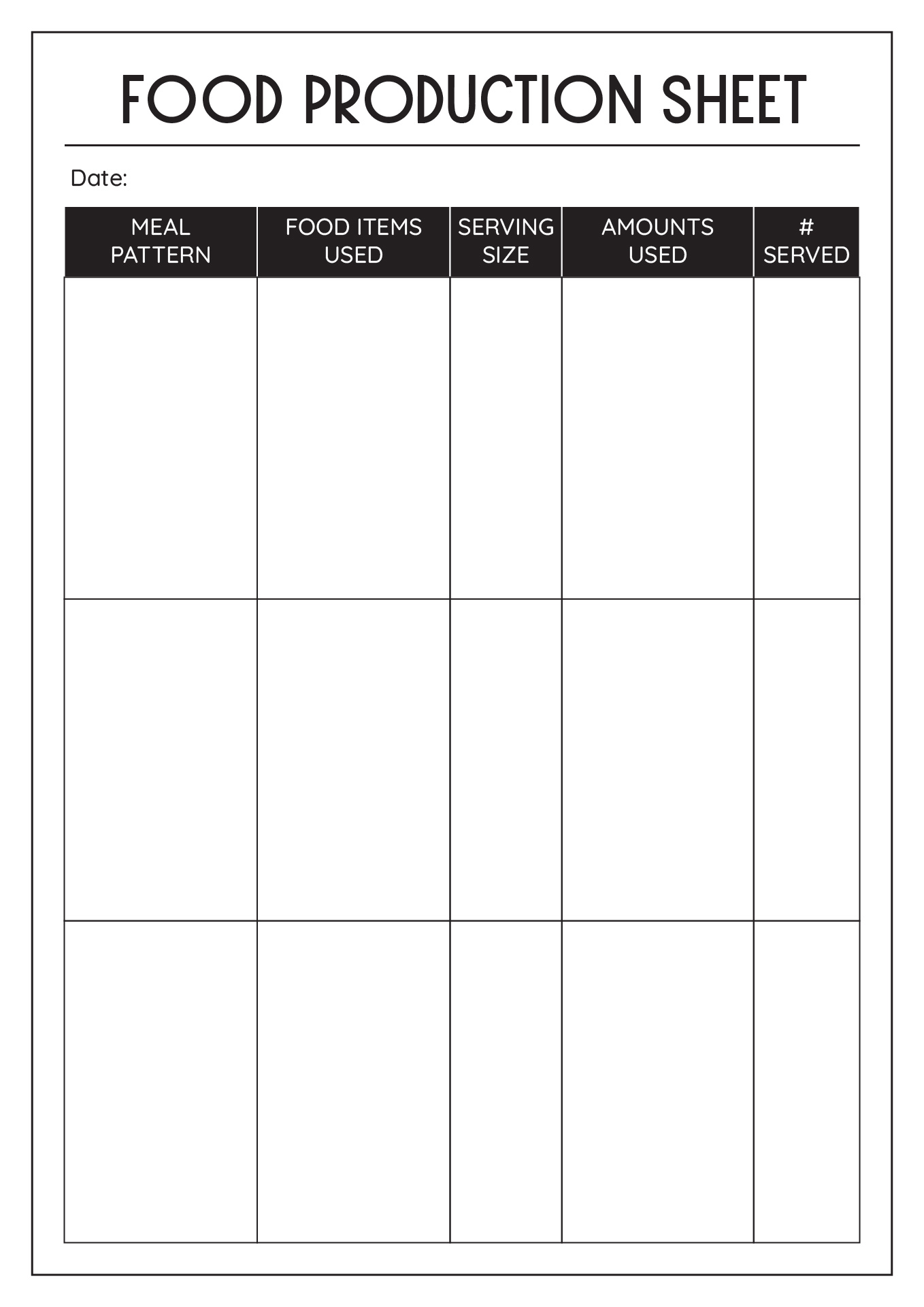 Food Production Sheet Template
