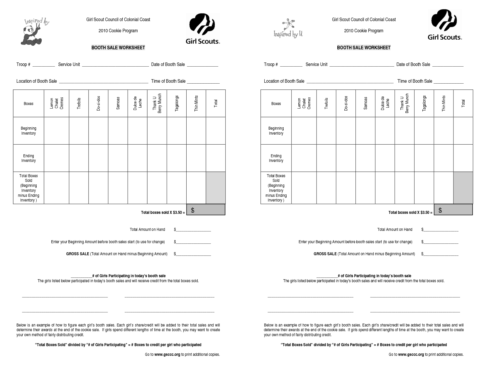 Girl Scout Cookie Booth Forms