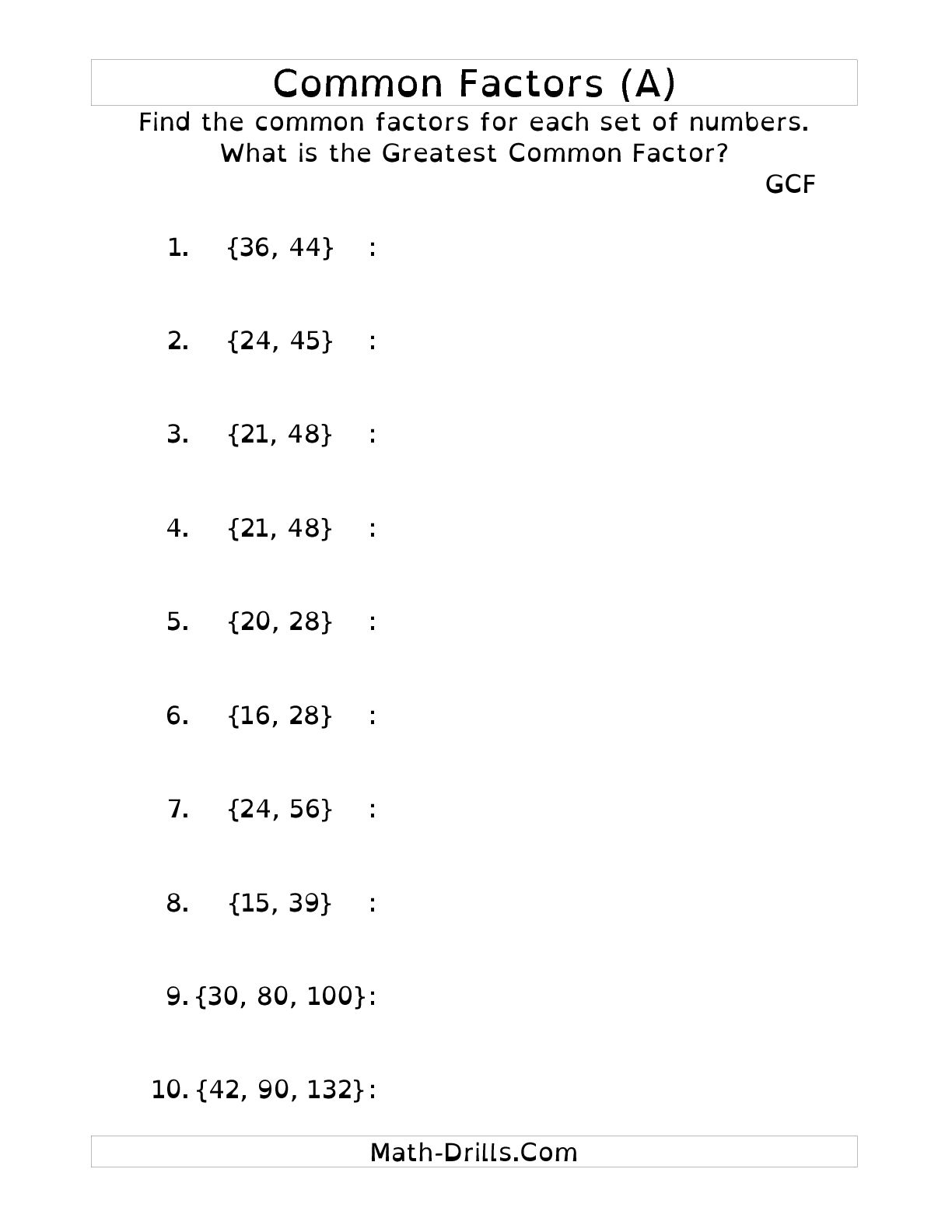 Greatest Common Factor Worksheets