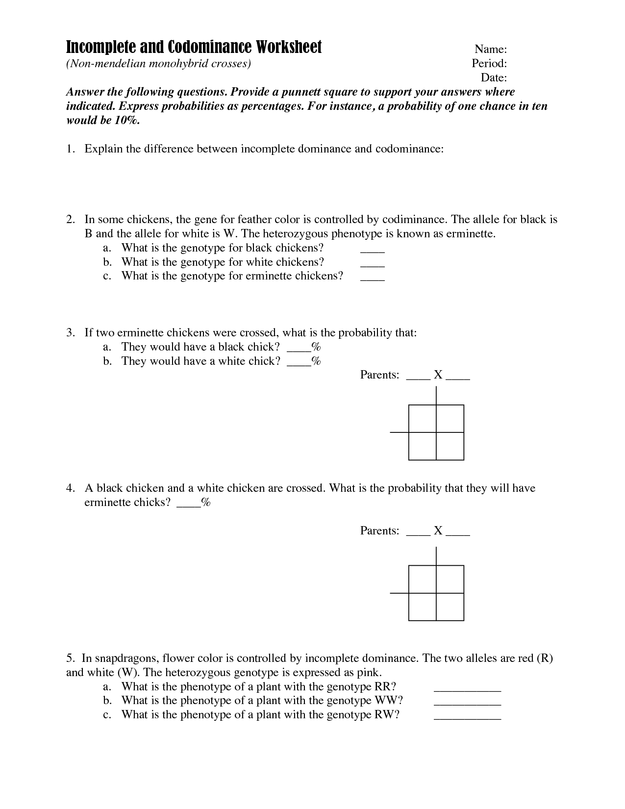 Codominant Incomplete Dominance Practice Worksheet Answer Key