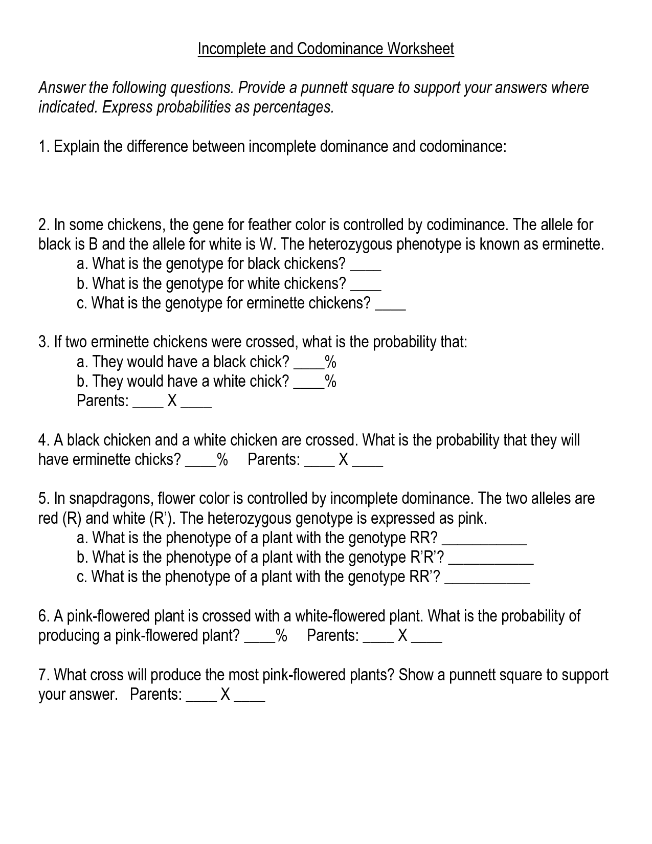 Complex Inheritance Incomplete Dominance And Codominance Worksheet Answers
