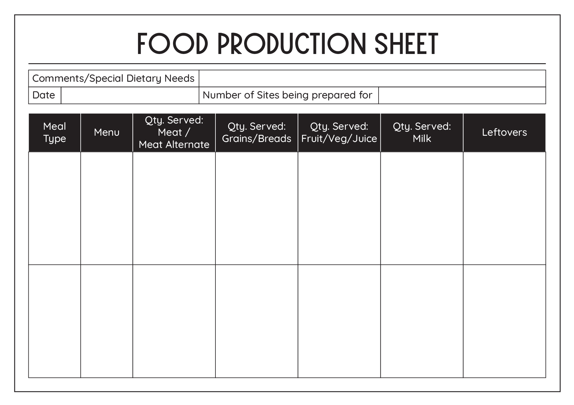 Printable Blank Food Production Sheets