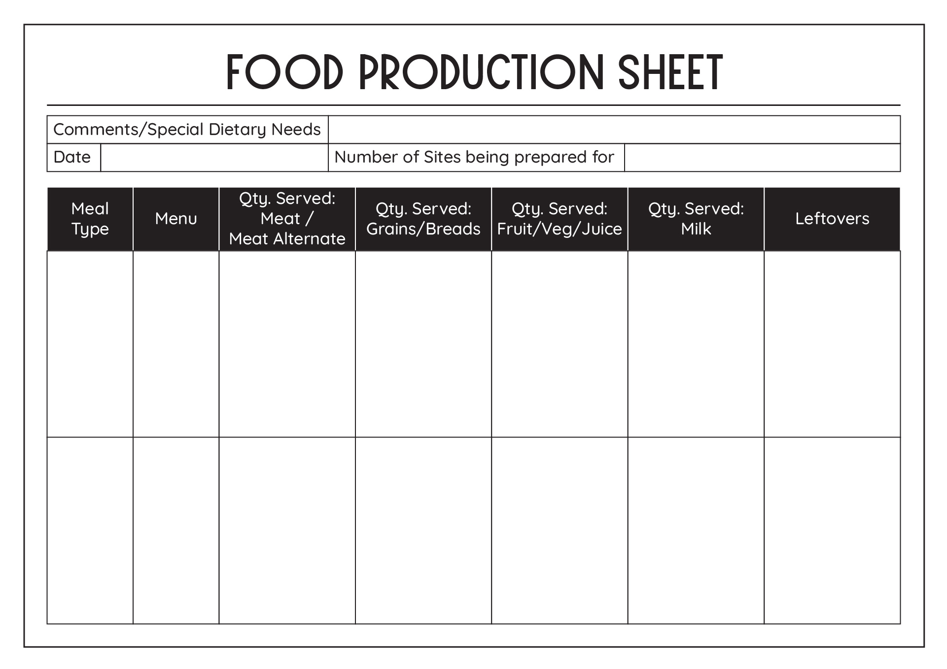 Printable Food Production Sheet Template