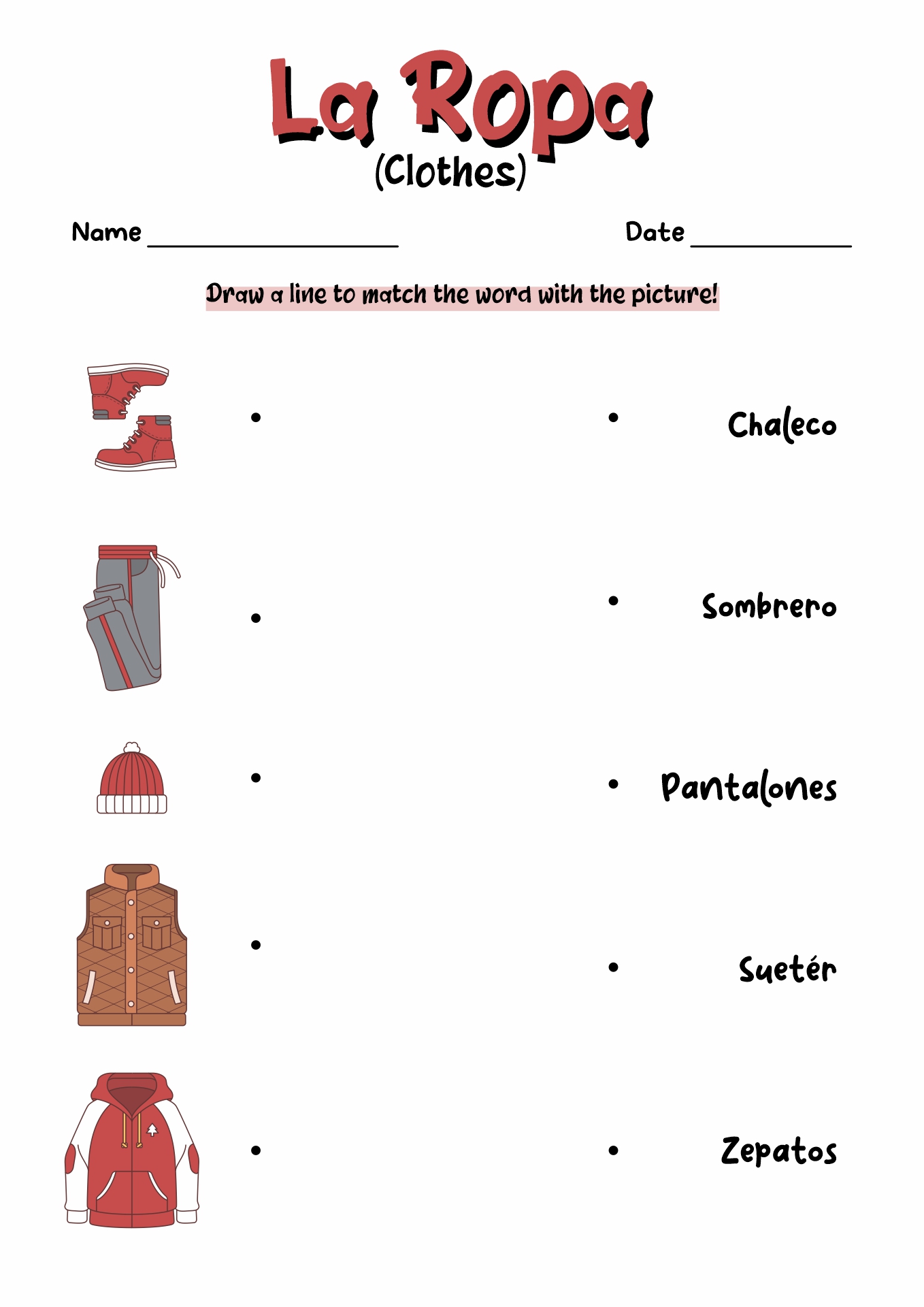Spanish Clothes Worksheet Image
