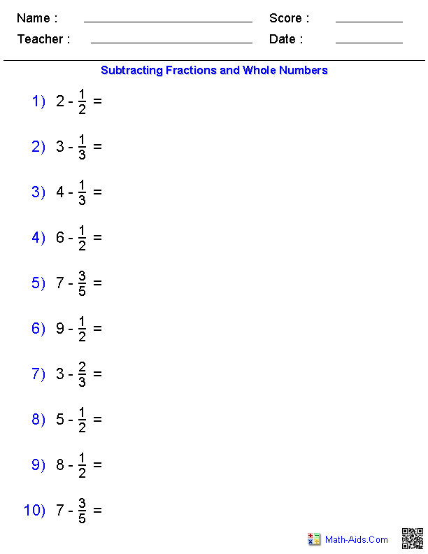 Subtracting Fractions with Whole Numbers Worksheets Image