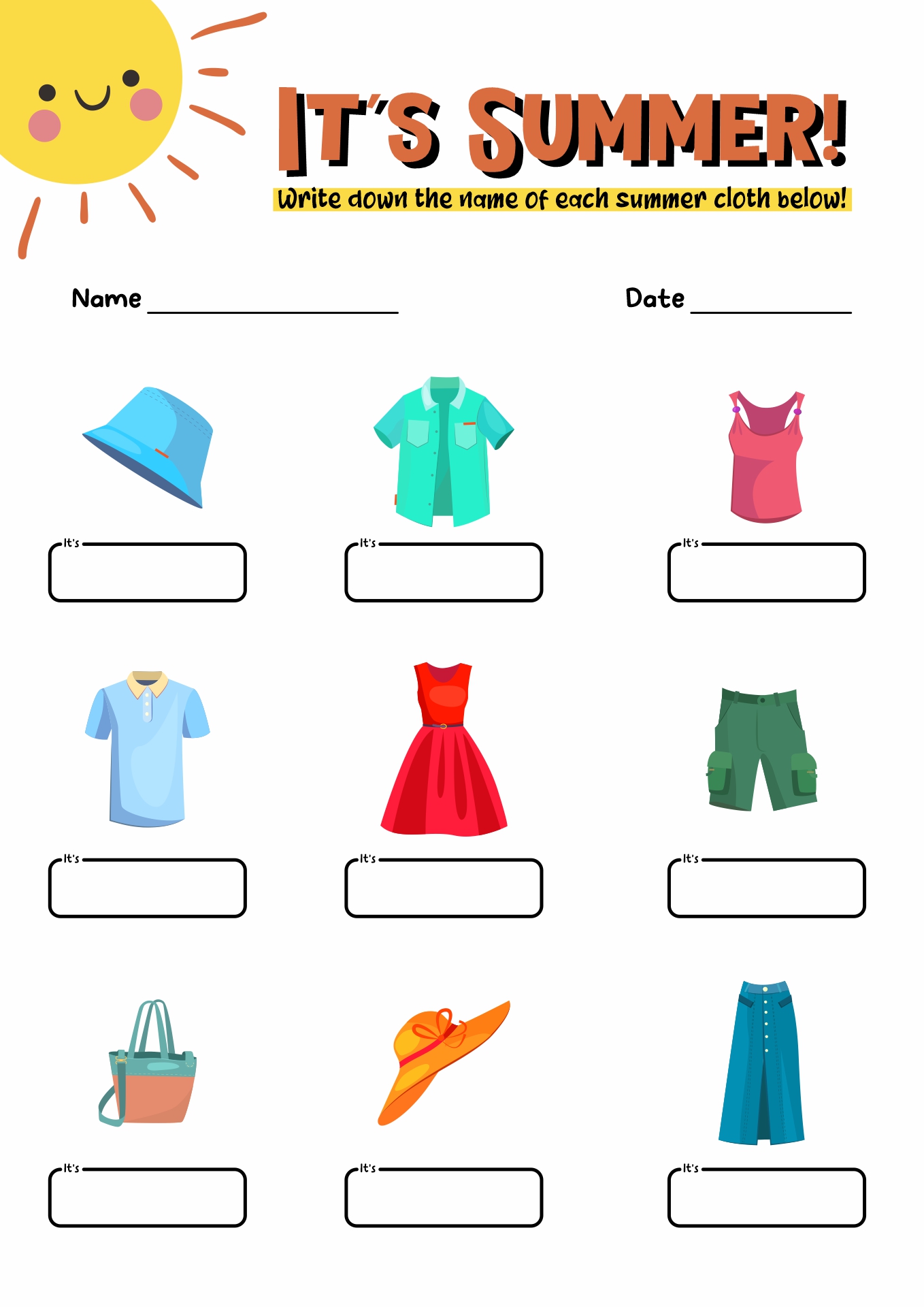 Summer Clothes Worksheet Image