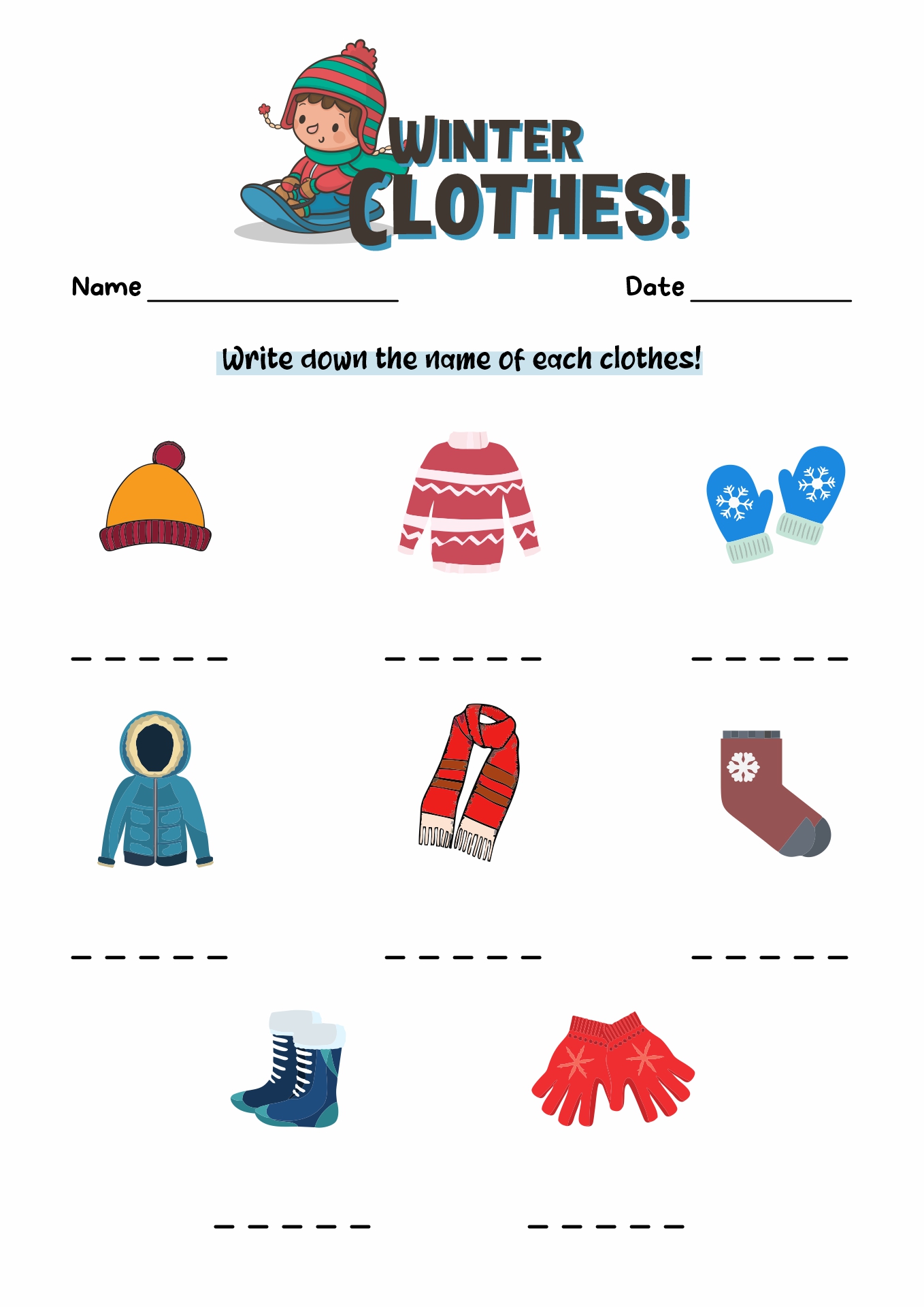 Winter Clothes Worksheet Image