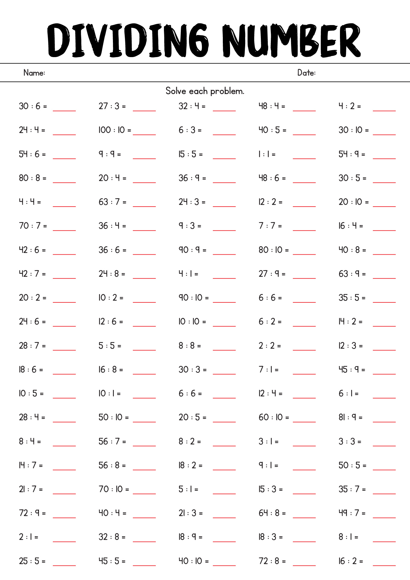 Free Printable Basic Division Facts Worksheets