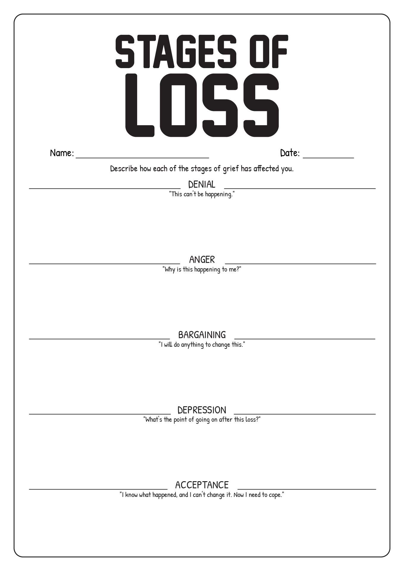 5 Stages of Loss Worksheets