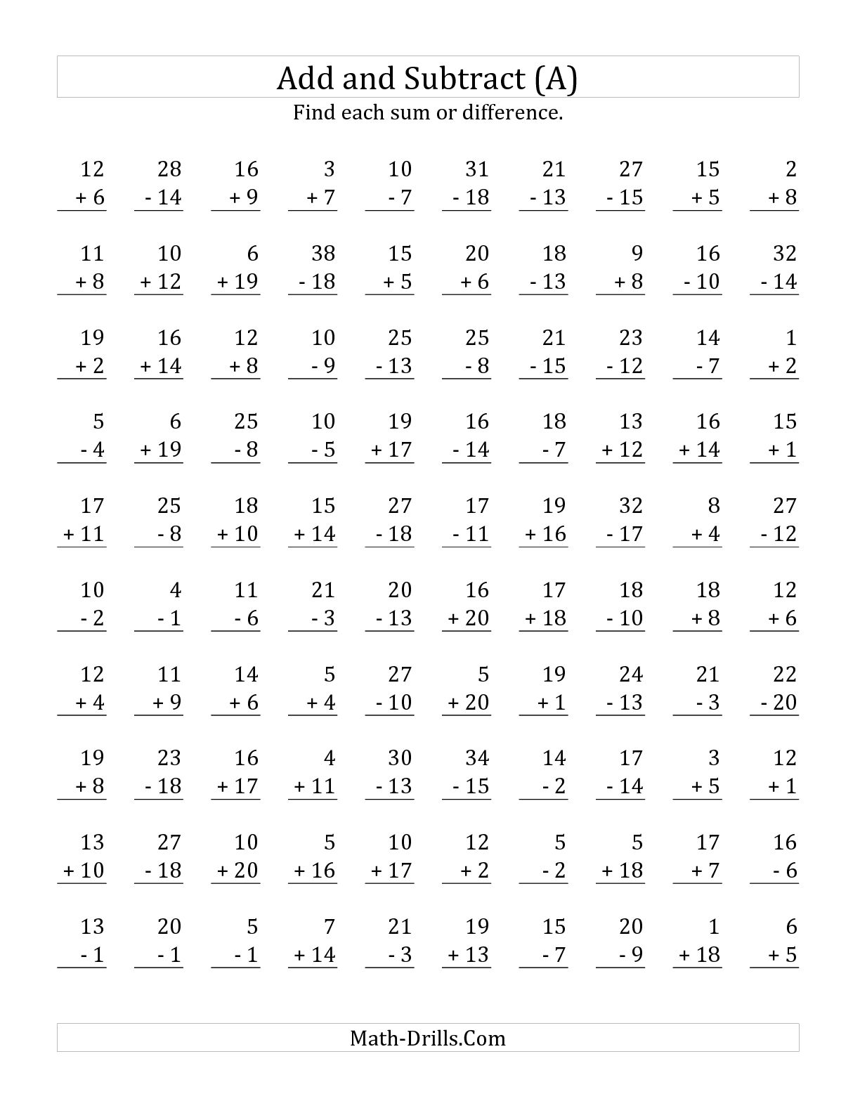 Addition and Subtraction Worksheets Up to 20 Image