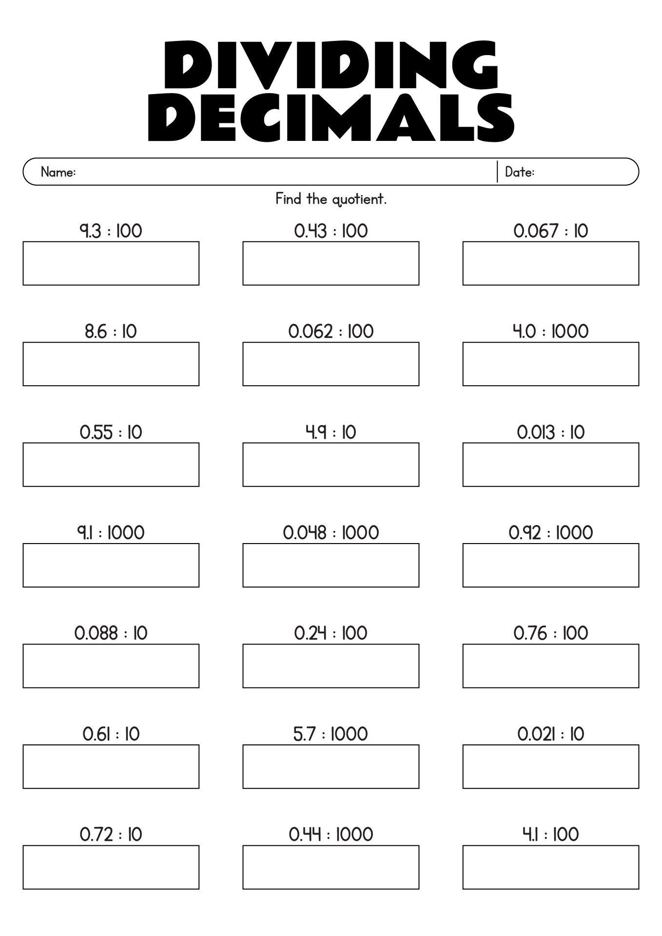 Free Printable Worksheets Dividing Decimals By A Decimal