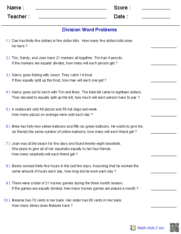 Math Division Word Problems Image