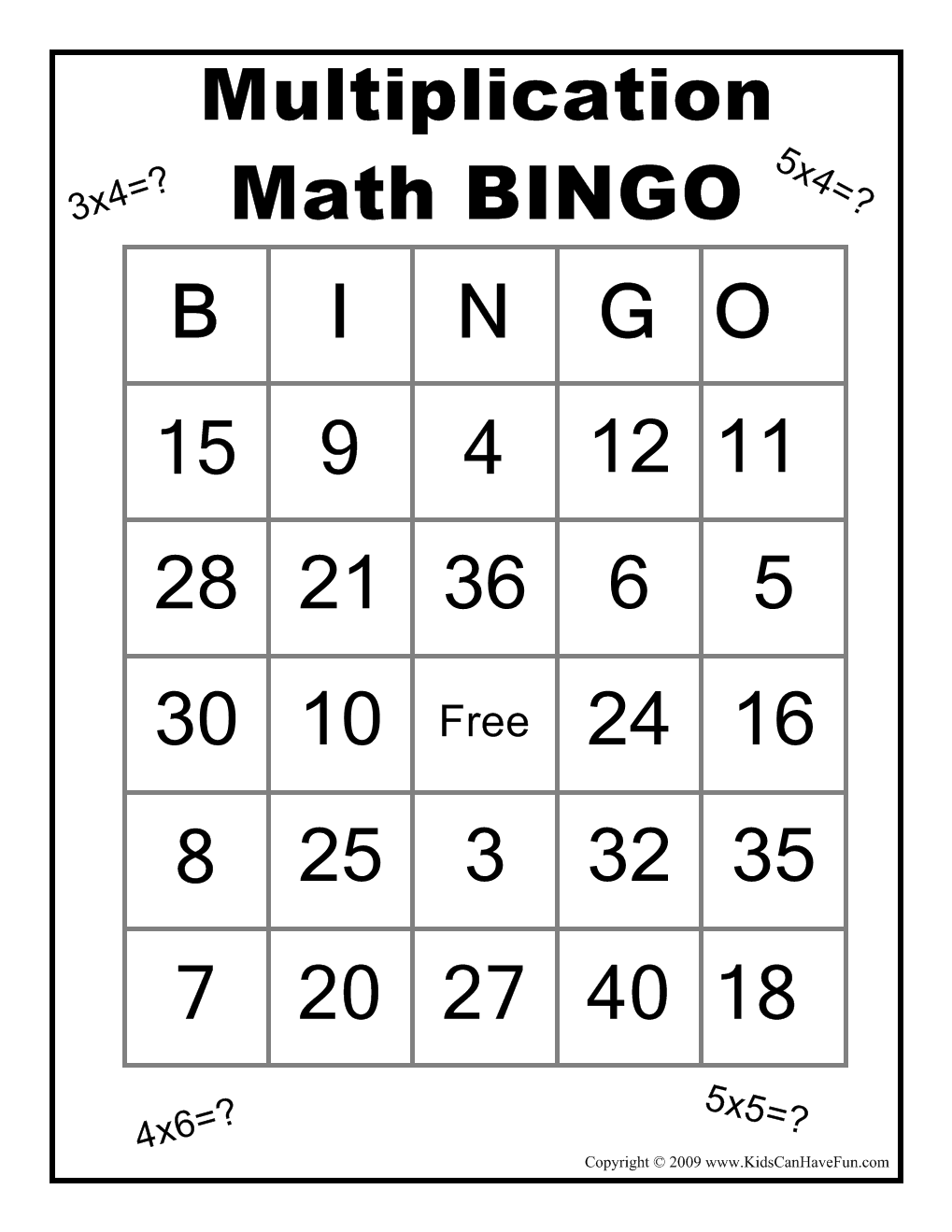 Math Multiplication Bingo Printable Image