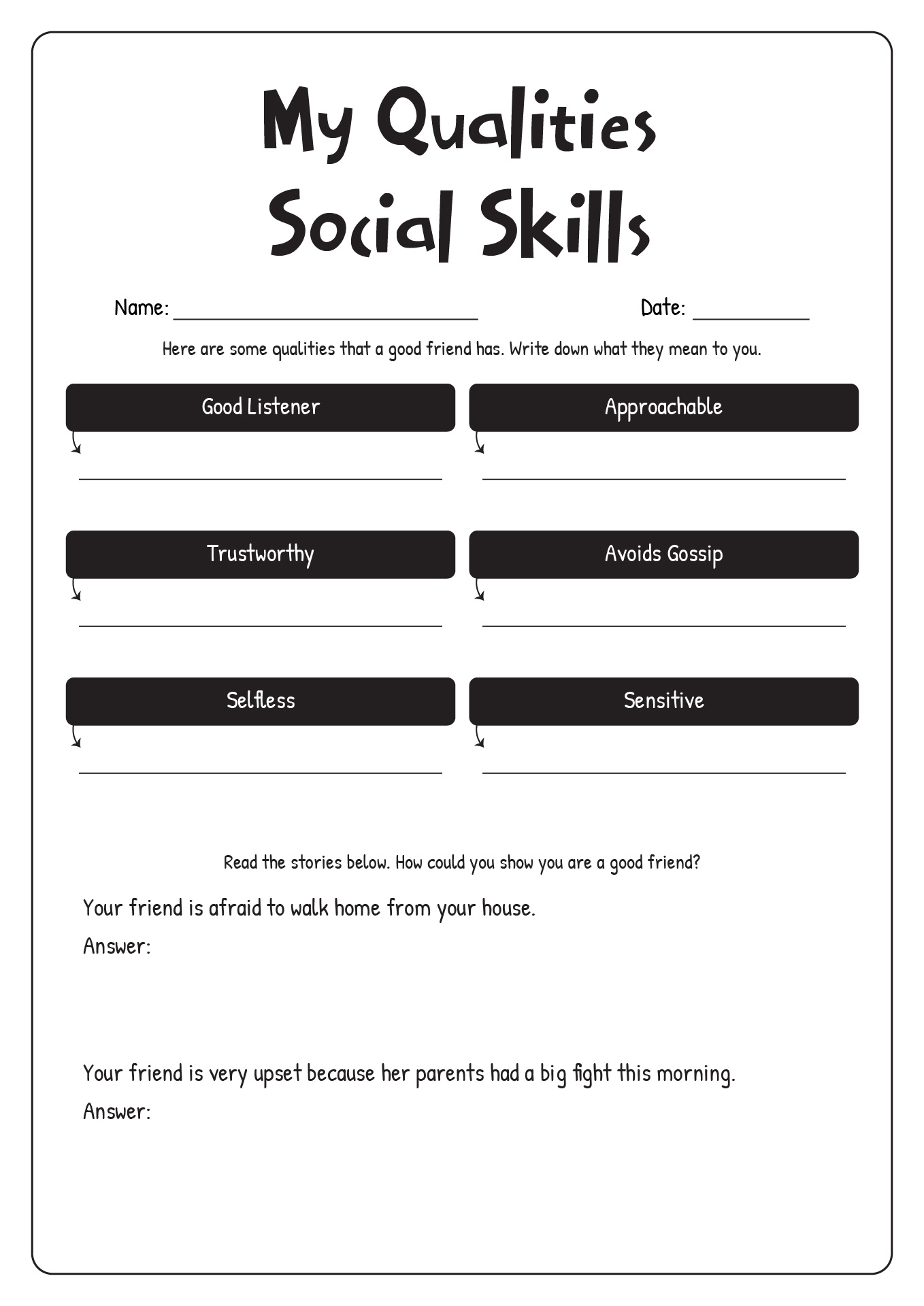 My Qualities Social Skills Worksheets
