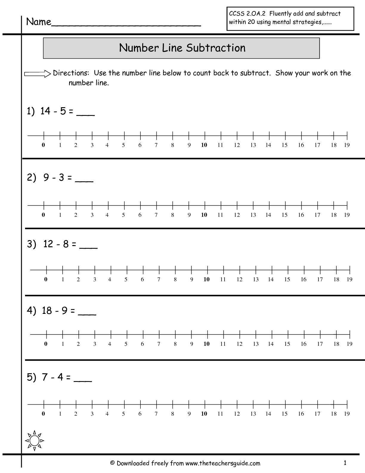 On a Number Line Subtraction Worksheets Image