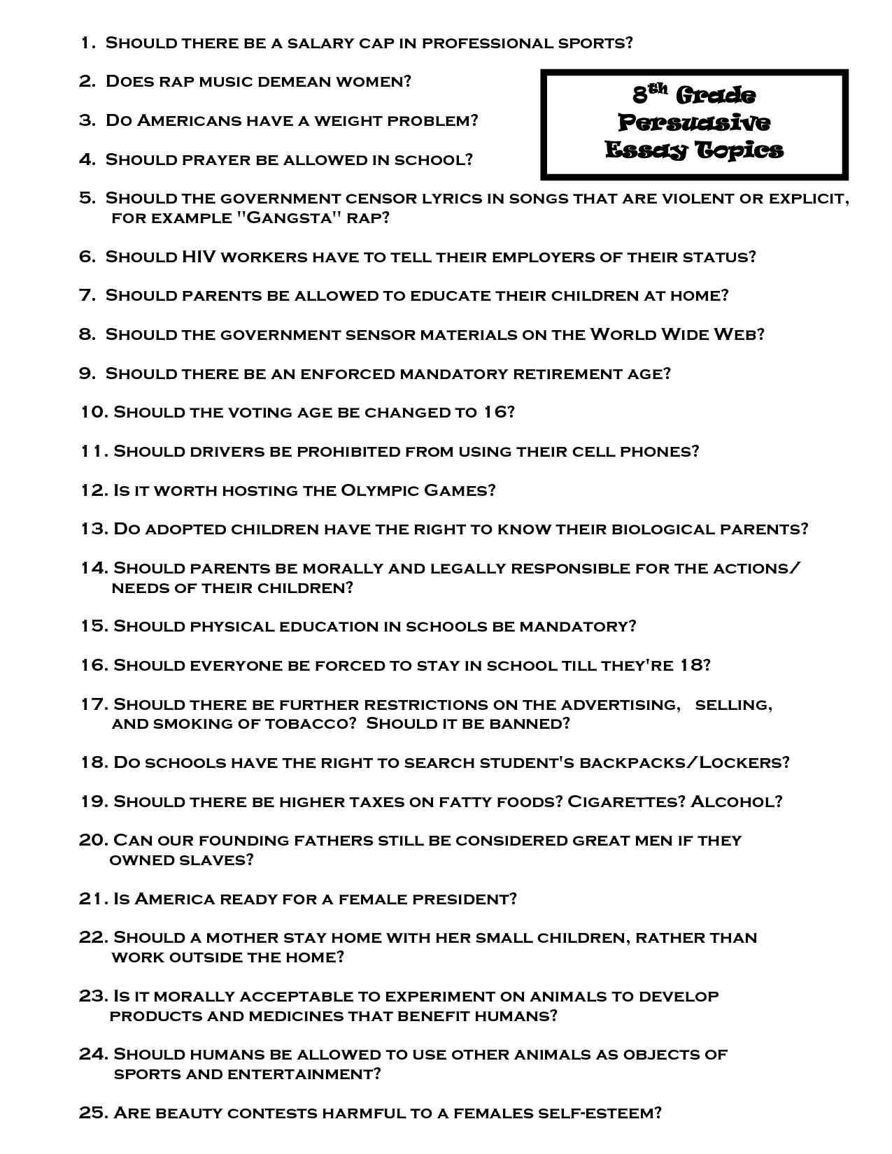 persuasive essay topics for middle school pdf