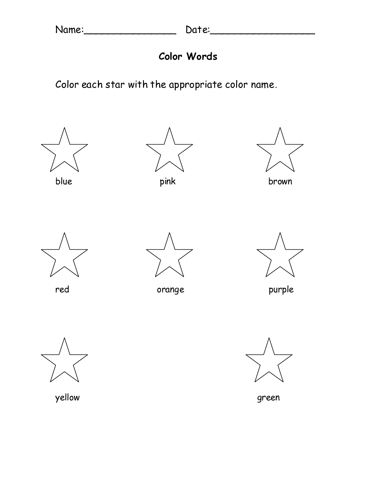 Printable Kindergarten Color Words Worksheets Image