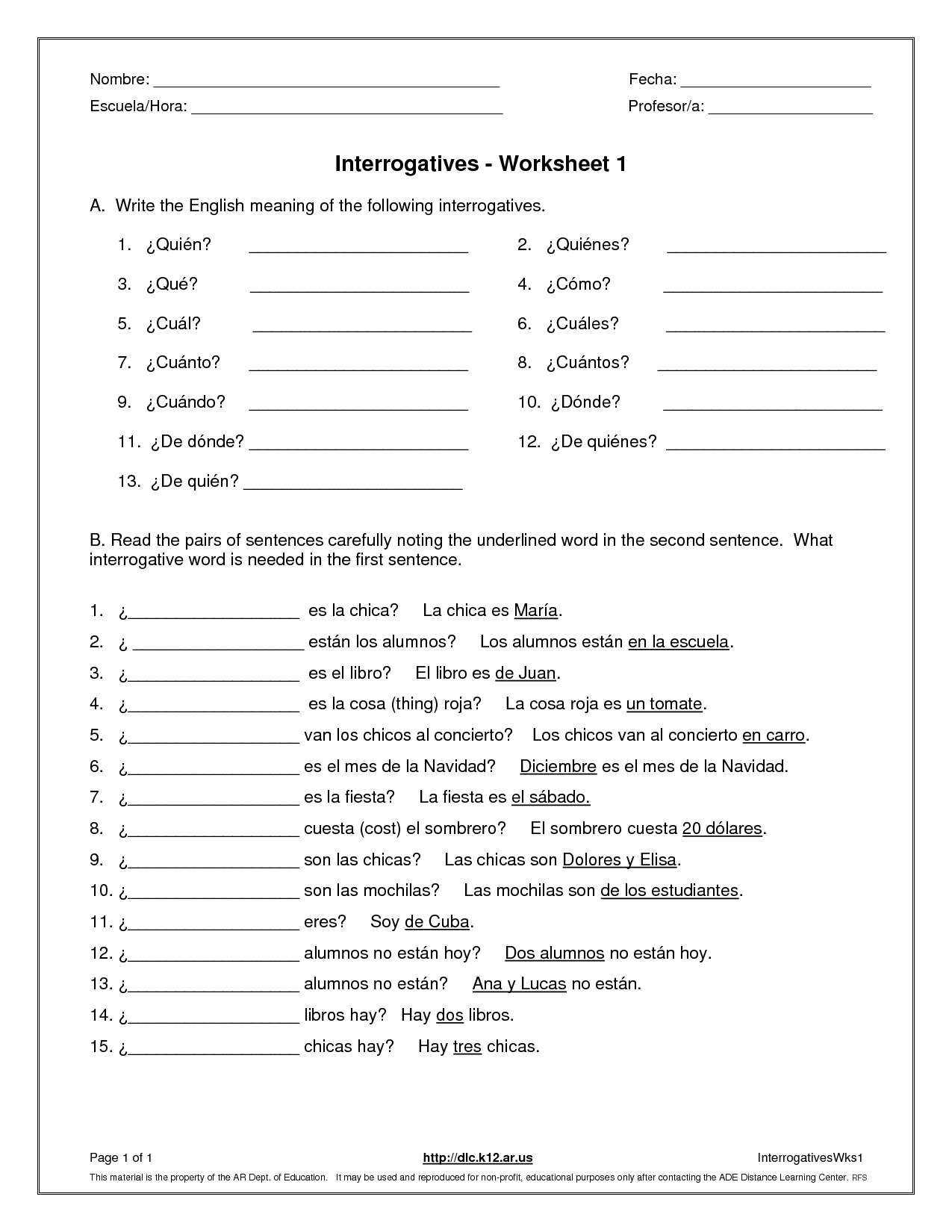 11 Printable Spanish Vocabulary Worksheets