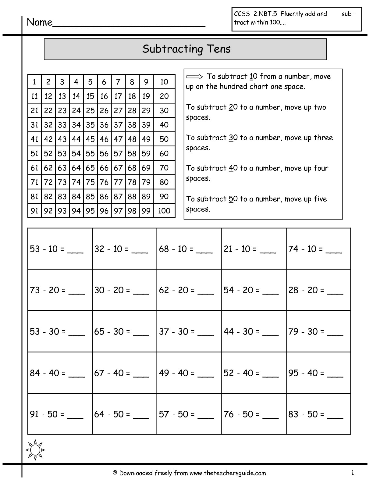 Subtracting On a Hundreds Chart Worksheets Image