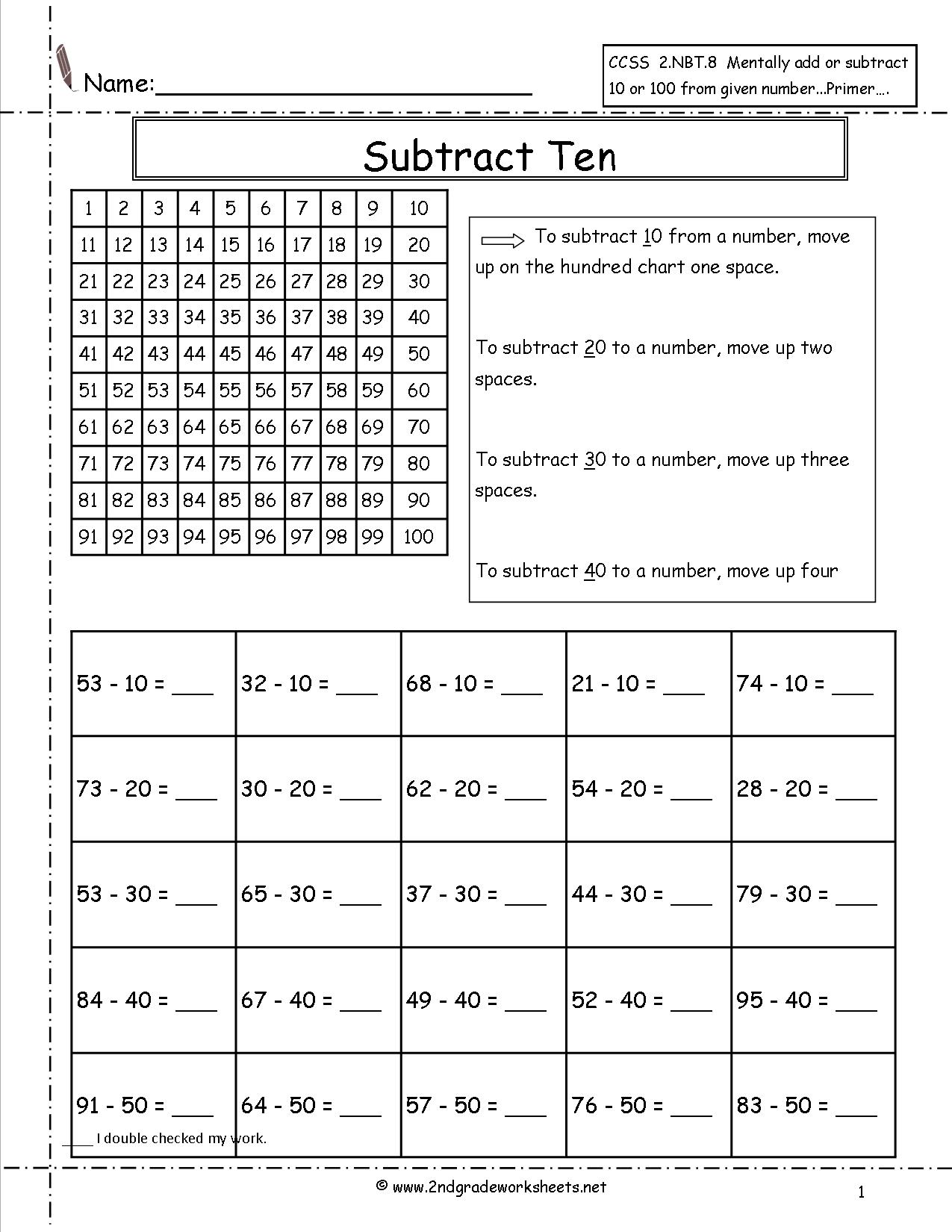 Subtracting On a Hundreds Chart Worksheets Image