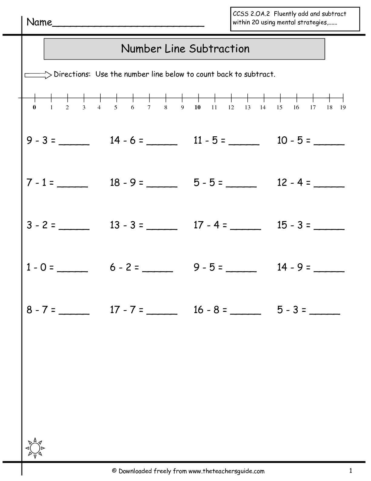 Subtraction with Number Line Worksheet Image