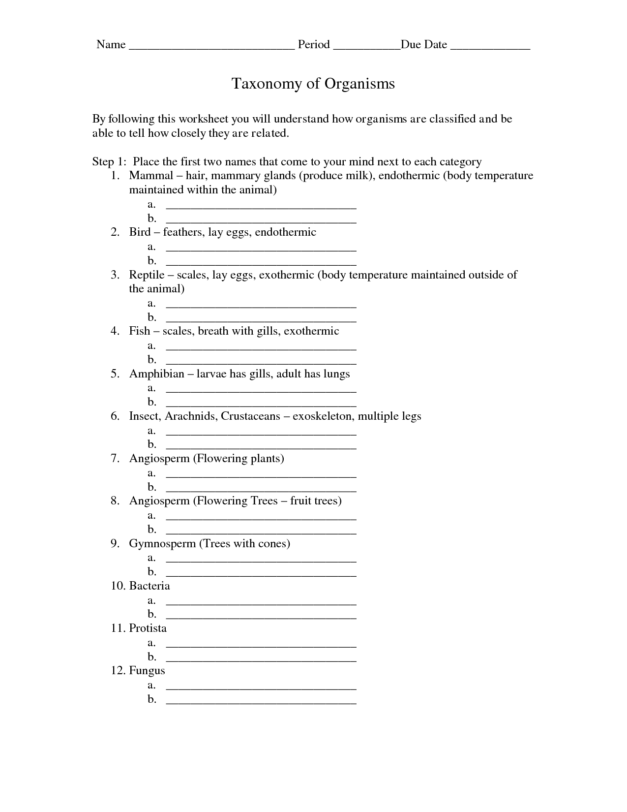 Biological Classification Taxonomy Worksheet Answer Key