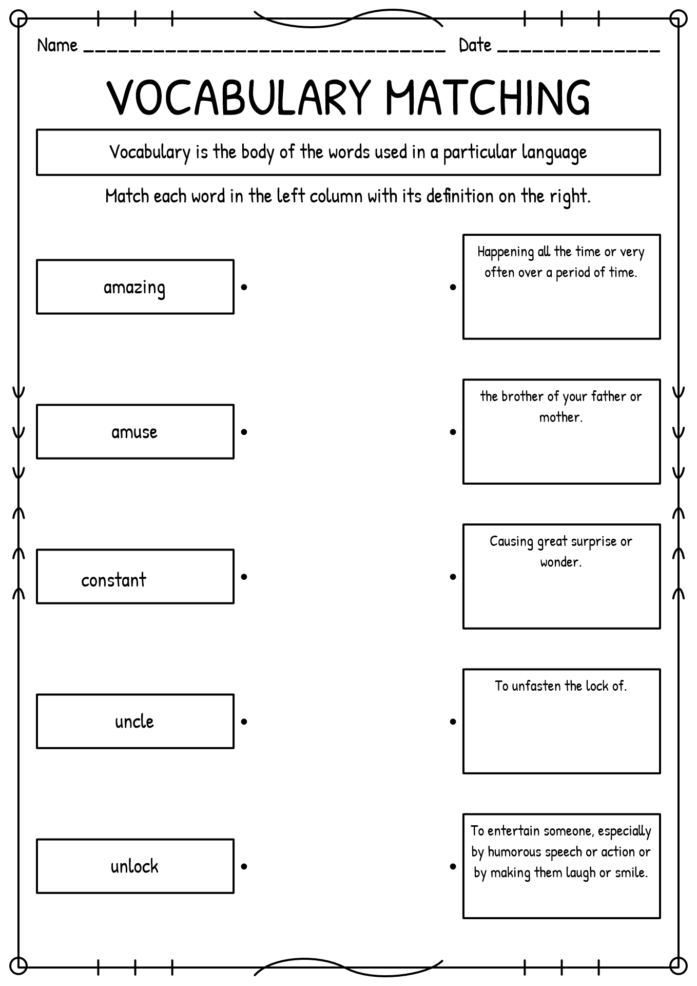 Vocabulary Matching Worksheet Template