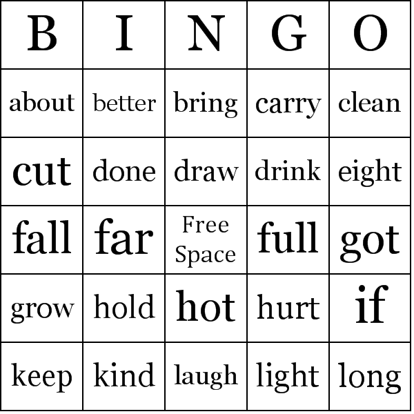 1st Grade Sight Words Bingo Printable Image