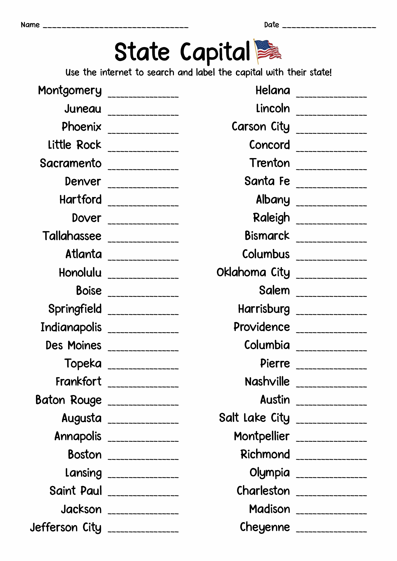 50 States and Capitals List Worksheet Image
