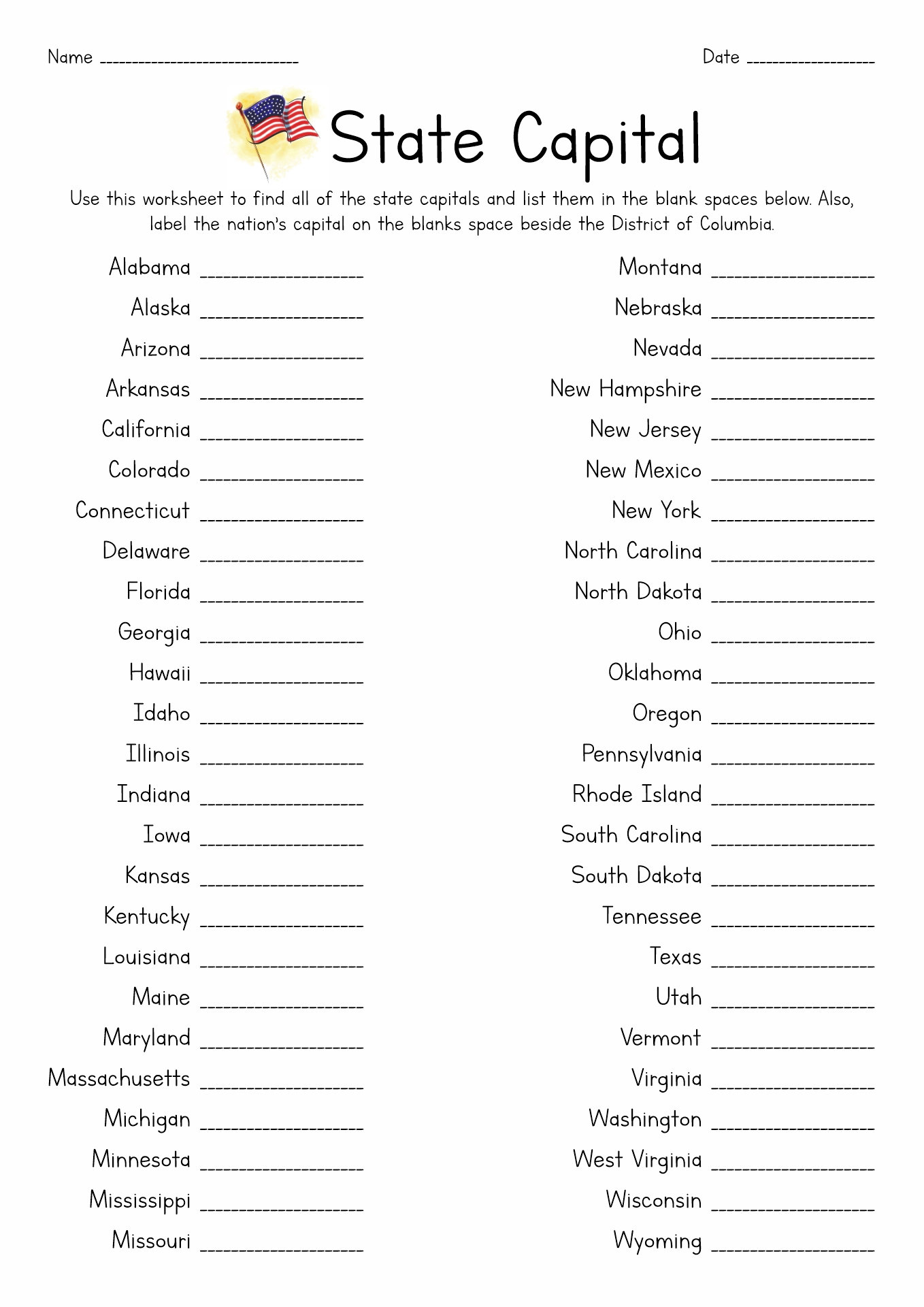 50 States and Capitals Printable Worksheet Image