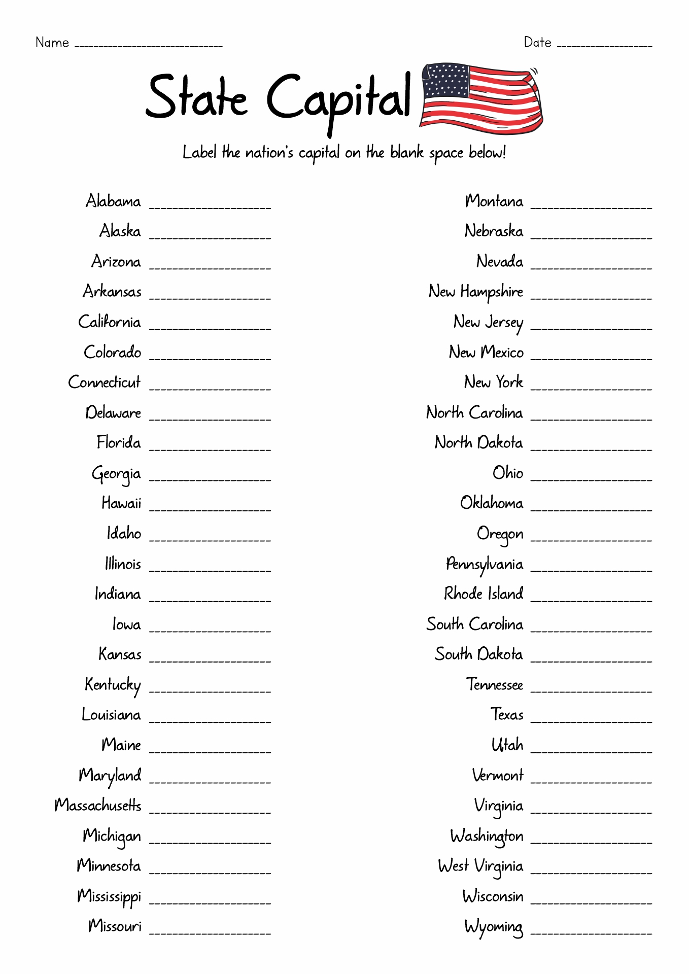 50 States and Capitals Worksheet Image