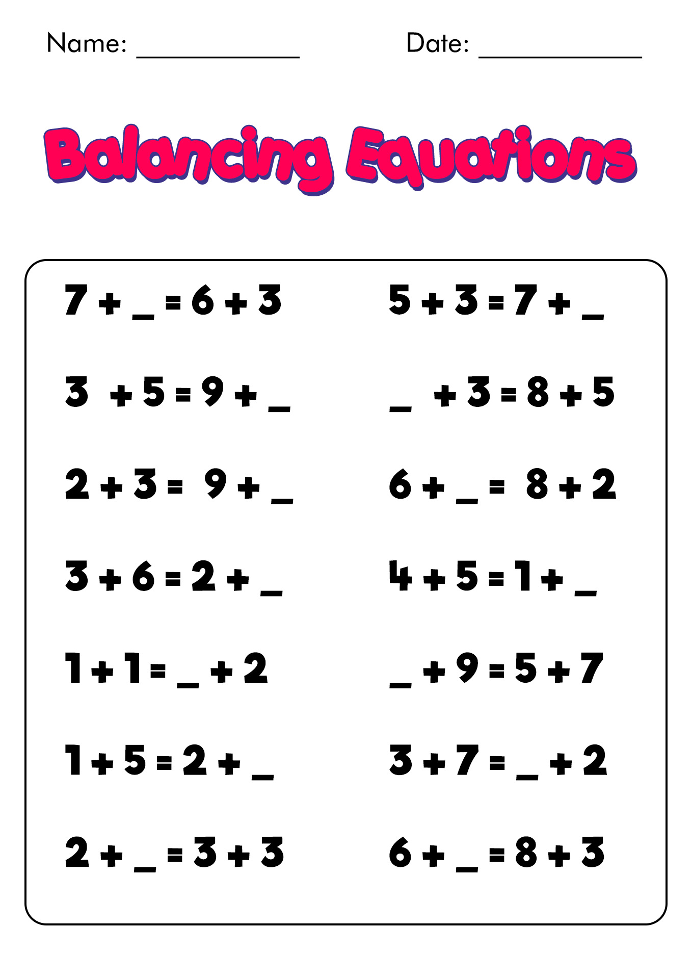 Balancing Equations Worksheet First Grade Math Image