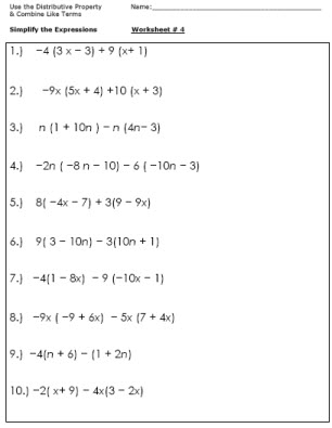Distributive Property and Combining Like Terms Worksheet Image