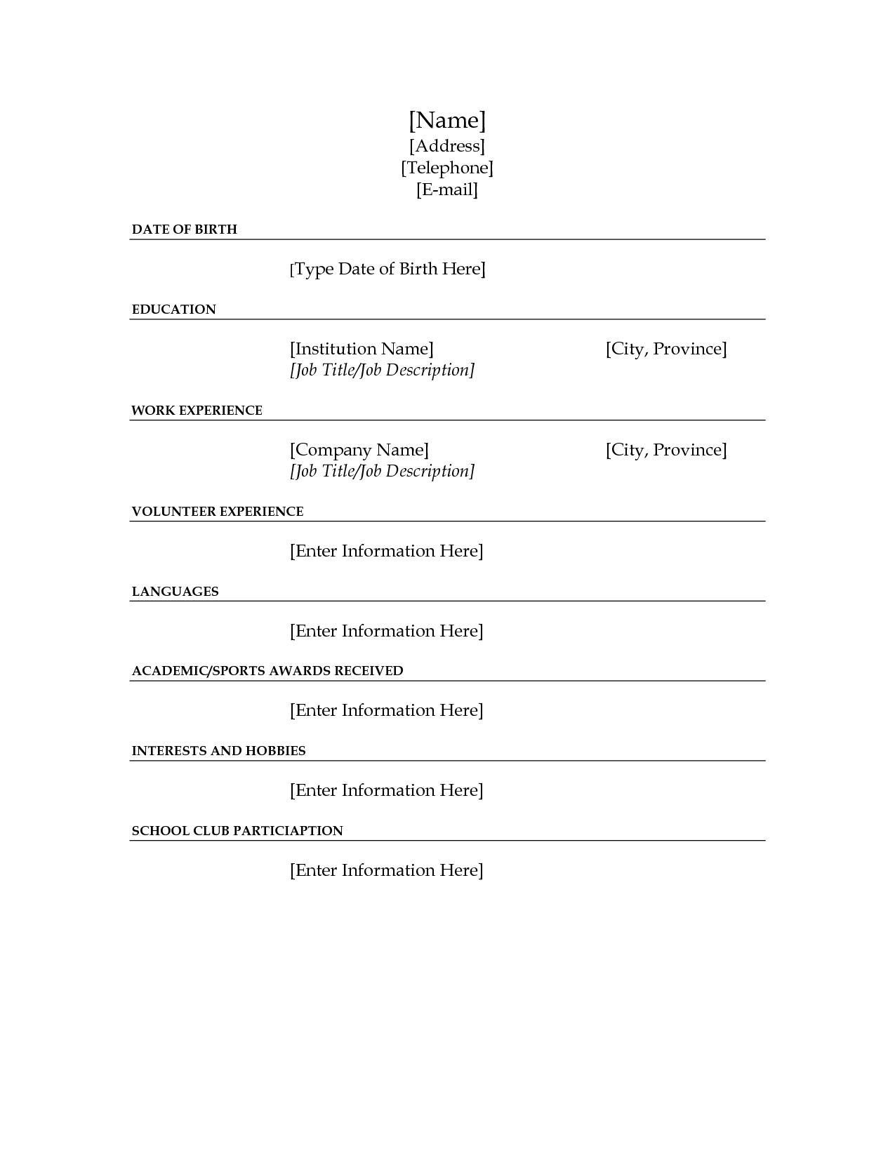 blank resume template printable word