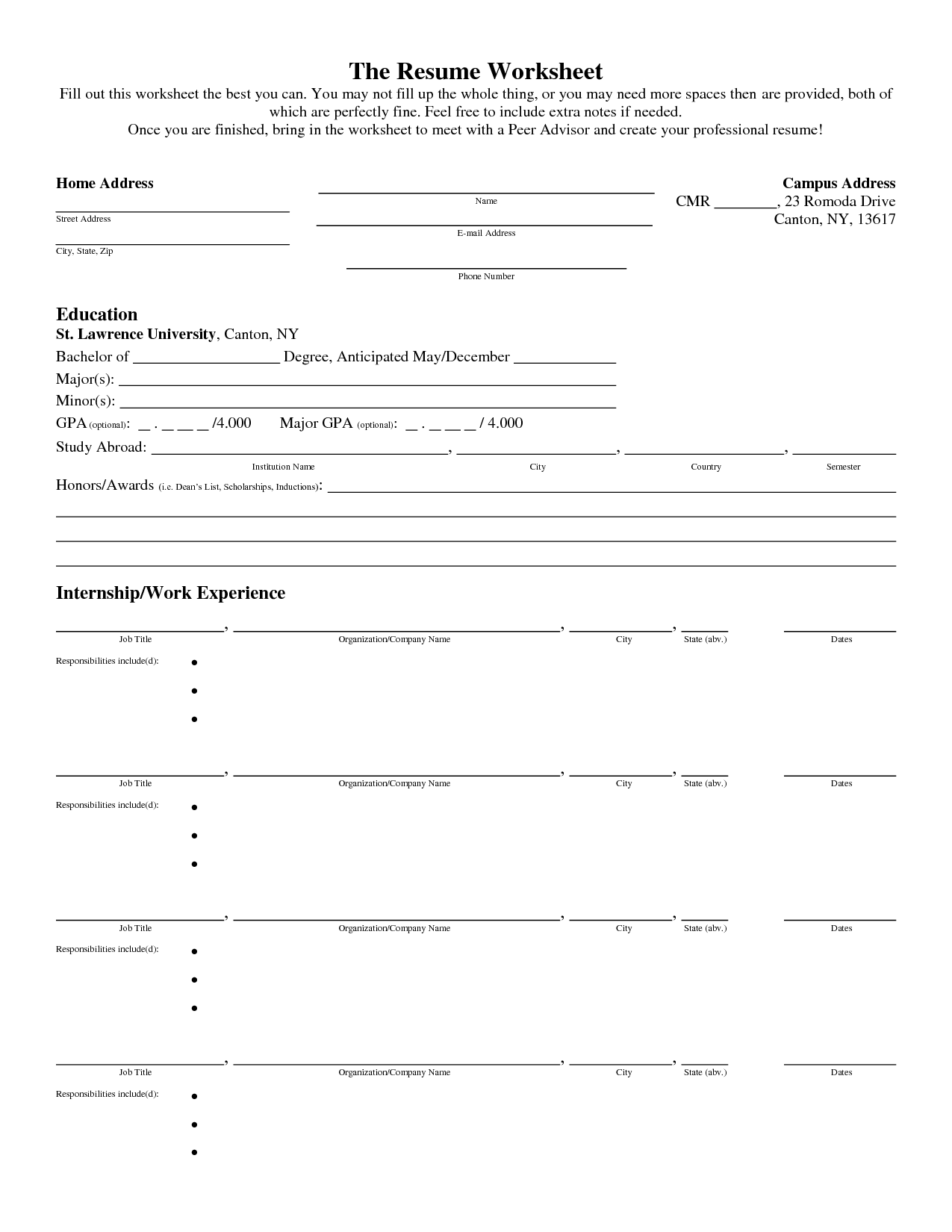 Fill in Printable Resume Worksheet