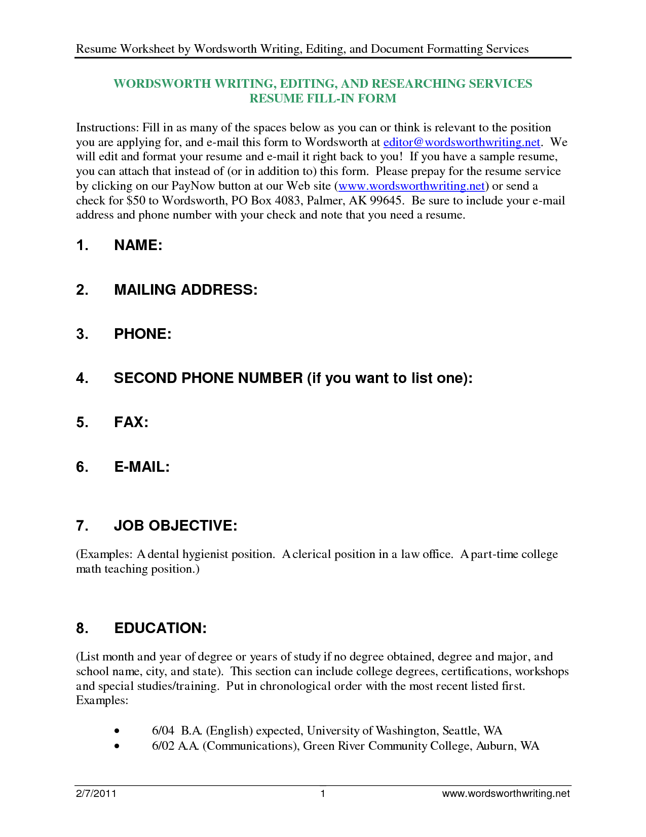 Free Fill in Resume Forms