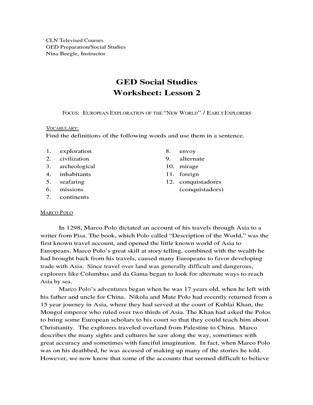 GED Social Studies Printable Worksheets Image