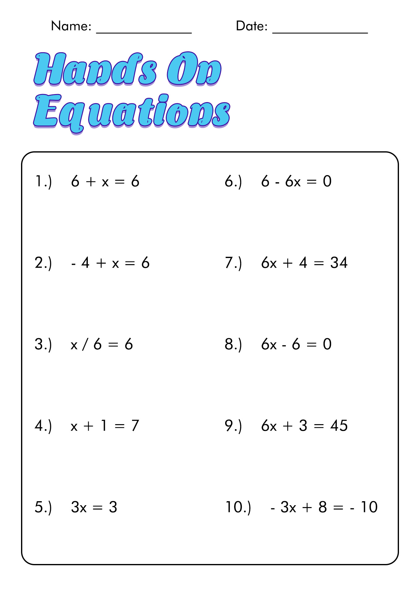 Hands-On Equations Lesson 1 Worksheet Image