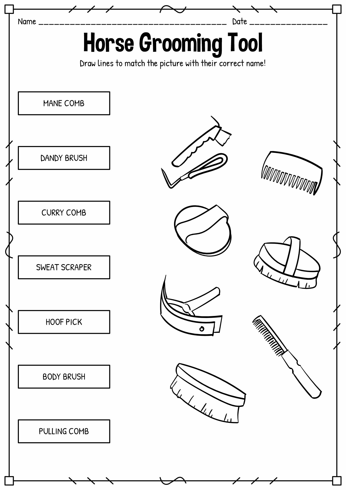 Horse Grooming Tools Worksheet
