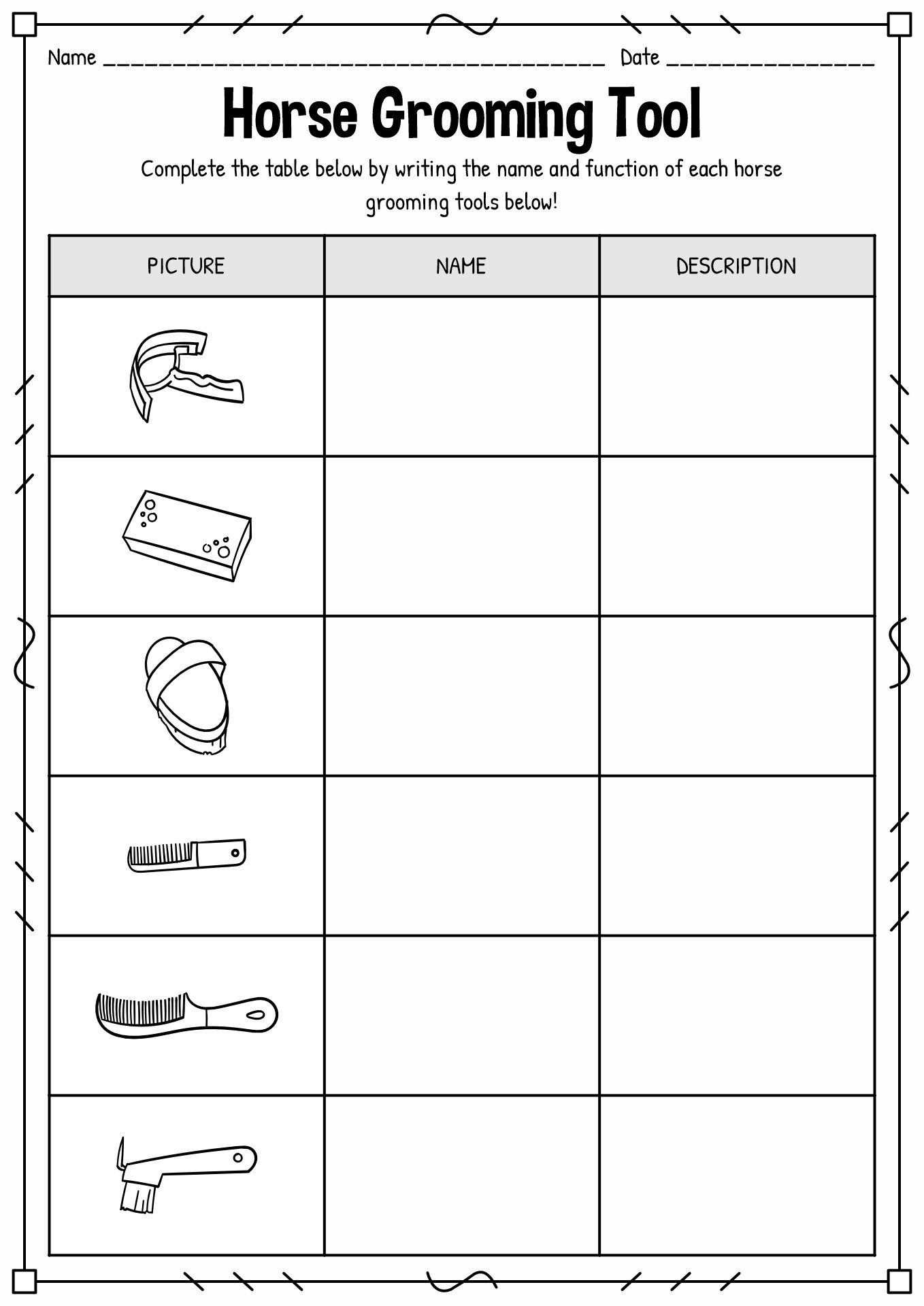 Horse Grooming Tools Worksheet
