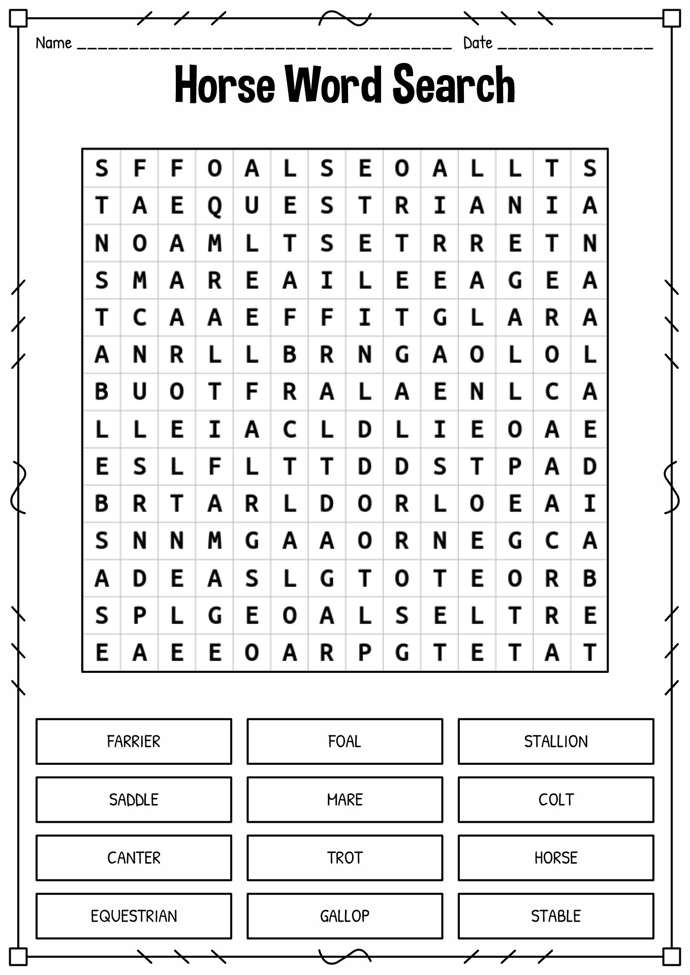 Horse Word Search Printable Image