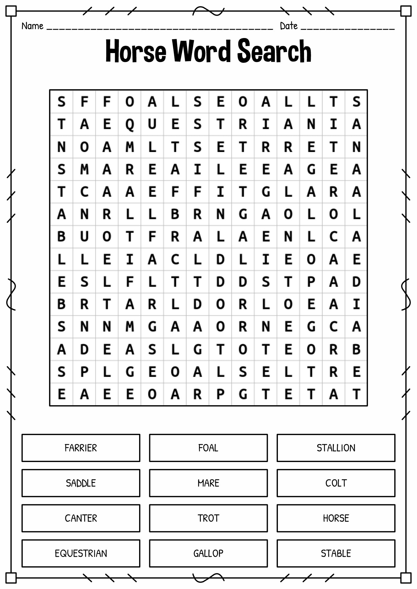 Horse Word Search Printable