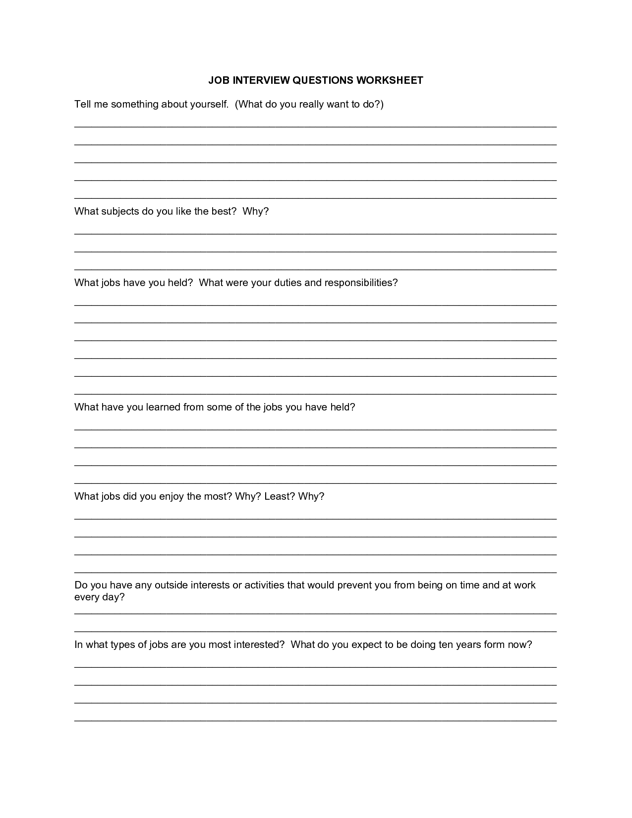 Job Interview Questions Worksheet Image