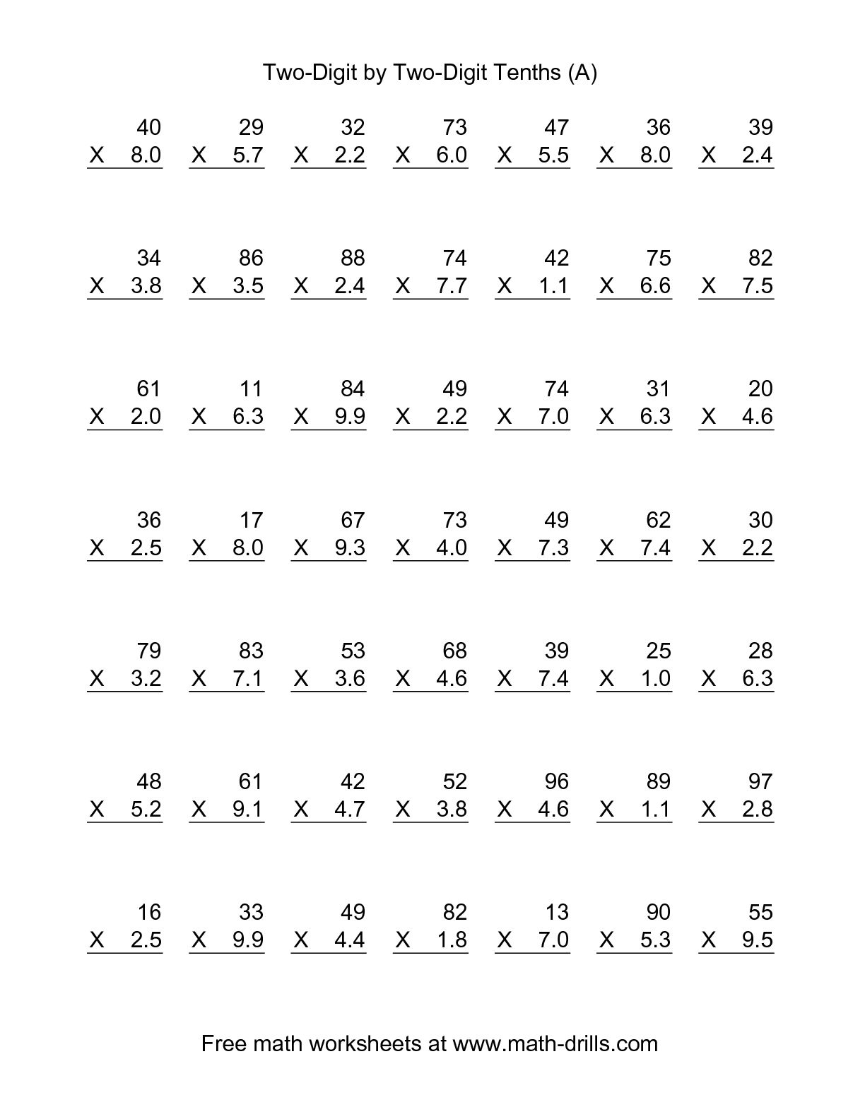 Multiplying Whole Numbers By Decimals Worksheet