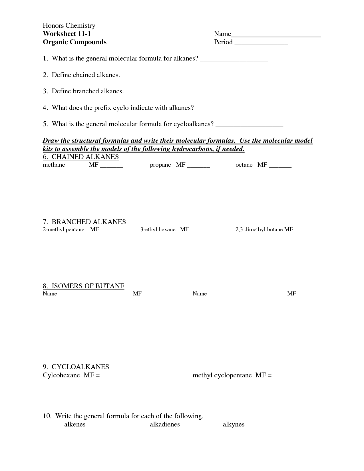 Naming Organic Compounds Worksheet