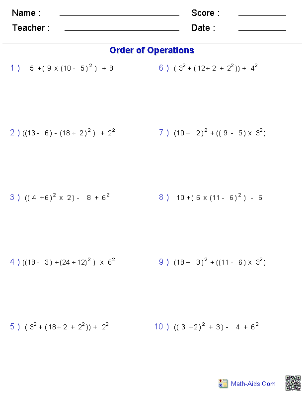 Order of Operations Worksheets 6th Grade Image